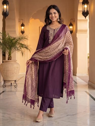 Image of INDO ERA Women's Silk Blend Embroidered Sequinned Kurta & Pant with Dupatta Set