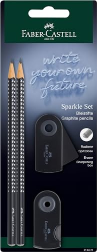 FABER-CASTELL 218472 - Bleistifte Set Sparkle, mit Spitzer, Radiergummi und 2 Bleistifte, Schreibset Sleeve in schwarz