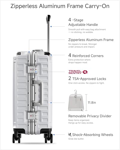 Image of LUGGEX Carry On Luggage with Spinner Wheels, 8010S Aluminum Frame Zipperless Polycarbonate Hard Shell Suitcase (ZX-Core, Silver Ivory, 20 Inch)