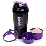 XTK Shaker Bottle Protein Shaker Bottles with Storage and Mix Ball, 16OZ Sports Water Bottle with Pill Organizer,Leak Proof Portable Shaker Bottles for Protein Mixes and Pre Work Out,BPA Free(purple)