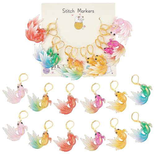 PLIGREAT 12 Pcs Colorful Koi Fish Stitch Marker Set Mini Resin Charms Removable Clasp Locking Stitch Marker for Weaving Sewing Quilting Womens Knitting Gifts DIY Pendants Jewelry Making Accessories