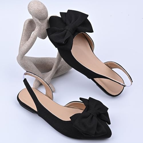 Bow Pointed Toe Dress Flat Shoes for Women Elastic Back Slingback Flats Fashion Casual Adjustable Ankle Strap Shoes4