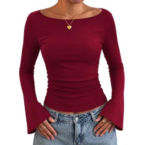 Rapbin Boat Neck Tops for Women Bell Long Sleeve R
