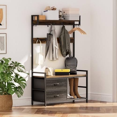 ZRainbowroad Hall Tree with Bench, 5-in-1 Coat Rack with Shoe Storage and 2 Movable Drawers, Entryway Bench with Hooks& Hanging Rod for Front Door, 250lbs Capacity, Easy Assembly