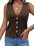 Saodimallsu Womens Sleeveless Sweater Vest Knit V Neck Button Fashion Casual Loose Spring Summer Waistcoat Cardigan Coffee