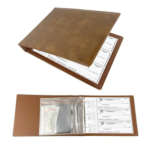 3 Rings Business Check Binder for End-Stub Deskbook Checks Fit 3 & 9 Holes Check Faux Leather (11 1/4 x 9) (Brown)