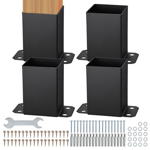 VEVOR 101.6x101.6mm Post Base 4 Pcs, Inner Size 91x91 Post Base Brackets, Heavy Duty Powder-Coated Post Anchor Matte Black Wood Post Brackets for Pavilion Deck Railing Support Deck Base Plate