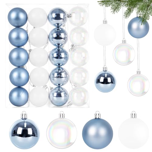 6CM Perlglanz Weihnachtskugeln Set,20 Stück Christbaumkugeln Kunststoff Eisblau & Weiß Weihnachtsbaumkugeln Bruchsicher Weihnachtsdeko mit Aufhänger Weihnachten Deko Kugeln