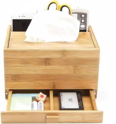 Jifoceltティッシュケース 竹製 リモコン 収納 リモコン収納ケース ティッシュボックス 小物入れ ティッシュ おしゃれ 多機能 仕分け収納 引き出し付き 卓上収納