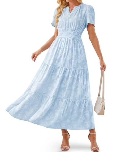 Image of Women's Maxi Dresses Boho Burnout V Neck Short Puff Sleeve Smocked Empire Waist Long Wedding Guest Semi Formal Dress Pockets