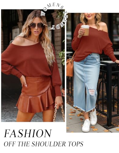 Image of Aifer Women's Off The Shoulder Tops Sexy Long Sleeve Shirts Oversized Fashion Casual Batwing Sweaters Pullover Tunic Tops