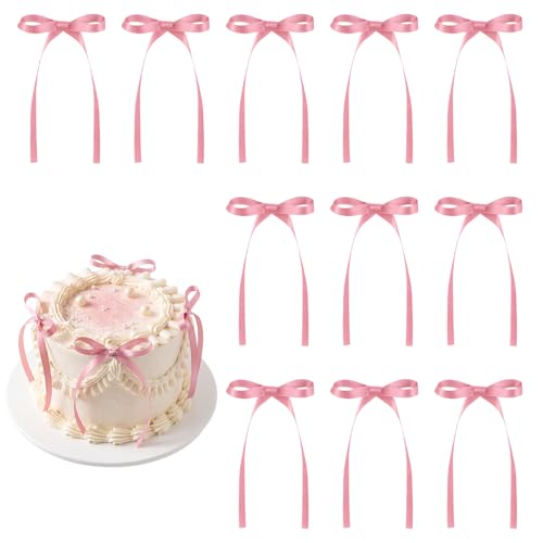30 Pack Bow Cake Toppers Rose Pink Ribbon Bows for Cake Bow Cupcake Toppers Pink Bow Birthday Decorations for Baby Shower, Wedding, Engagement, Bachelorette Party, Graduation Decoration