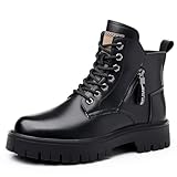 [ZJEJ] バイクシューズ メンズ 厚底 ライディングブーツ 防水 ブラック オートバイブーツ サイドファスナー ライディングシューズ コンバットブーツ 牛革 滑り止め 耐磨耗性 バイク用品 (ブラック,24.5 cm)