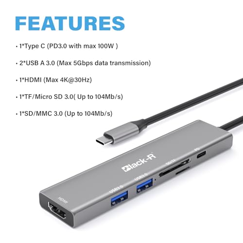 Image of Black-R 6-in-1 USB C Hub Docking Station, 4K HDMI, 100W Power Delivery, 5Gbps Dual USB 3.0 Ports, TF /Micro SD Card Reader, Aluminium Multiport Adapter for Laptop /MacBook /Windows /Linux