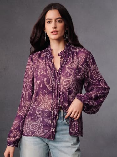 Image of Women Georgette Regular Fit Shirt ||Women Top || Cecily Paisley-Trim Button-Front Shirt (S-01-04)