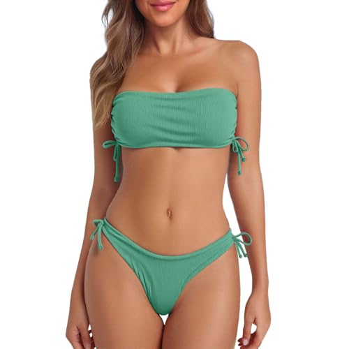 TianGiKi 2 Piece Bathing Suits for Women Strapless Tie Side Ribbed Bikini Set Cheeky High Cut Swimsuits Fashion Sexy Swimwear Green