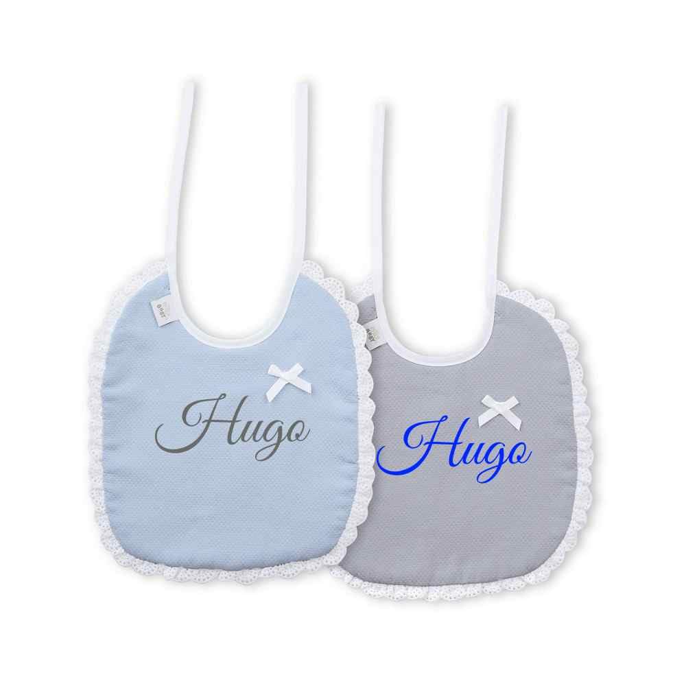 Danielstore Babero para Bebé Recien Nacido con el Nombre Bordado Babero para Alimentación de Bebés (R6C azul-gris)