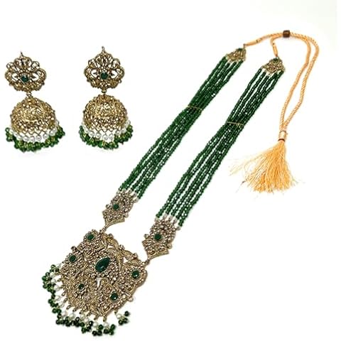 Duel On Jewel Indian Pakistani Womens Multi Strand Green Long Rani Haar Necklace Gold Plated Pendant with Chandelier Jhumka Earrings Gift Set - Bridal Party Wedding Cover