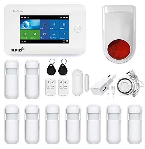 HUXGO HXA006 Funk Alarmanlage WiFi + GSM Modul mit 9 Bewegungssensoren und Funksirene - Bewegungsmelder mit Alarm - Alarmanlage Haus - Alarmanlage Wohnung - Funk Bewegungsmelder mit Empfänger