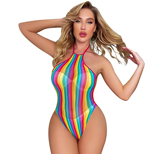 Damen Regenbogen Durchsichtig Fischnetz Body Rückenfrei Neckholder Bodysuit Einteiler Babydoll Bodycon Bunte Netz Teddy Nachtwäsche Reizwäsche...