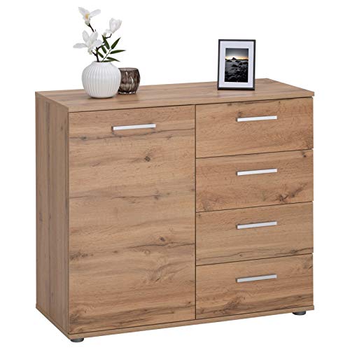 IDIMEX Buffet Chicago Commode Meuble de Rangement en mélaminé décor chêne wotan, avec 4 tiroirs et 1 Porte