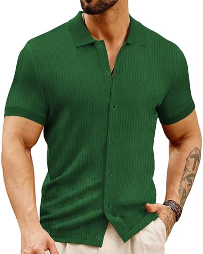 LOGEEYAR Men's Slim Fit Polo Shirts Short Sleeve Breathable Button Down Golf Shirts Ribbed Knit Soft Cotton Tops Dark Green