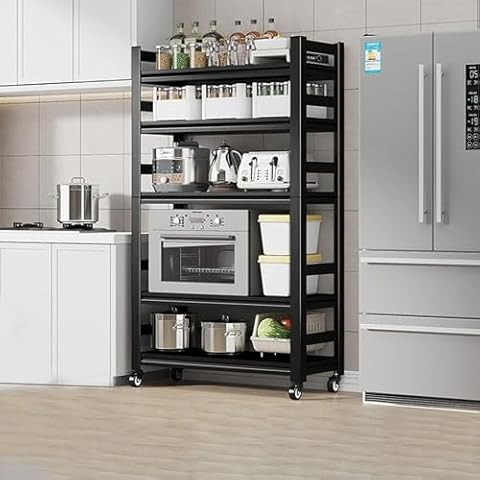 BEESTMUEBLE Kitchen Shelves, Adjustable 5-Tier Kitchen Organizers and Storage Shelf with Wheels, Metal Shelf for Kitchen, Bathroom,Garage,32" W*15.7" D*63" H,Black Cover