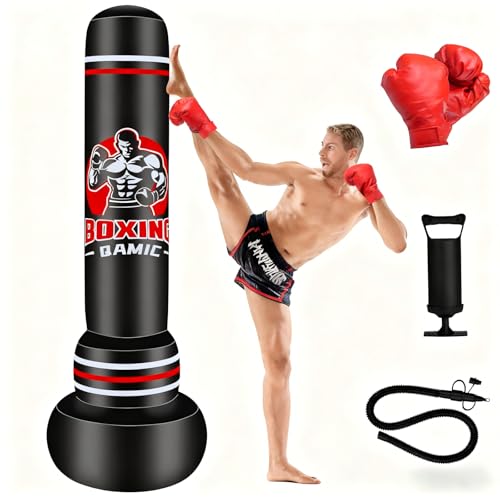 QAMIC Boxsack Erwachsene, 180cm Aufblasen Schweren Boxsack mit Boxhandschuhen und Luftpumpe, 0,5 mm dickem PVC-Material Standboxsack für MMA Muay Thai Fitness Anfänger Training