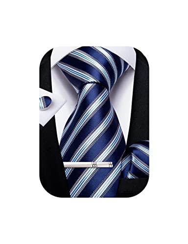 Image of DiBanGu Mens Striped Tie Silk Woven Necktie and Pocket Square Cufflinks Tie Clip Set Wedding Business Formal Gift Tie for Men