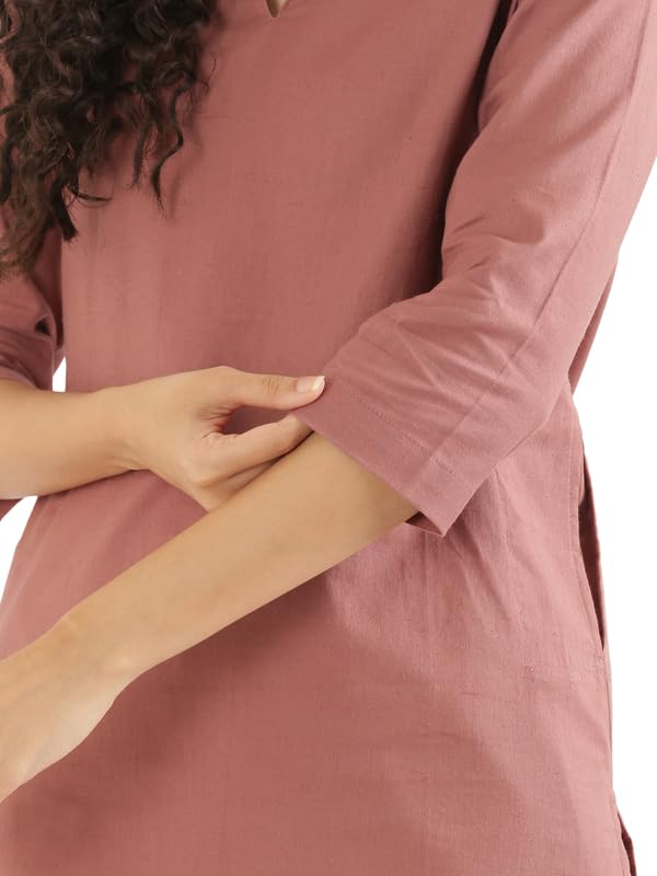 Image of SAADAA Airy Linen Mid Thigh Length Kurta for Women | Stylish Split Neck, 3 /4 Sleeves & Side Pockets | Comfortable Everyday Wear Kurta | Breathable Fabric |