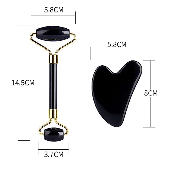 Miniatura 2 de Juego de rodillos faciales de jade obsidiana negra y Gua Sha, fuente 100% natural de la más alta altitud del Himalaya, masajeador de cuello facial