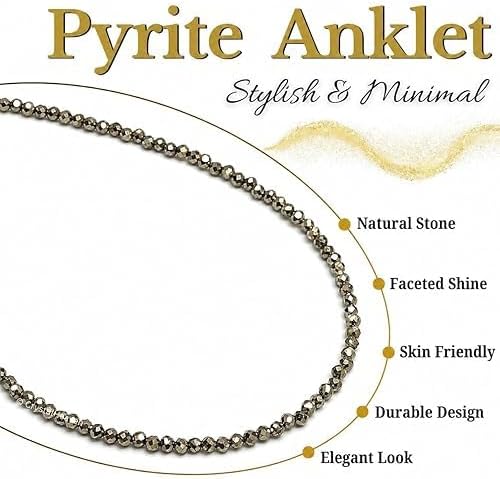 C.r.ystalHeaven Natural Pyrite Anklet with Gemstone ID Report | Faceted Beads, Adjustable Chain, Certified Gemstone, Metallic Luster, Sulfide Mineral