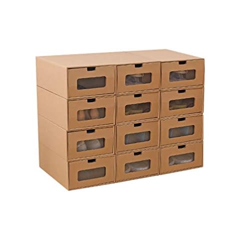 Romancemit Shoe Storage Box, Stackable Cardboard Shoe Boxes Foldable Drawer Container Visible Home Shoe Organizer Large Size 12 pcs Cover