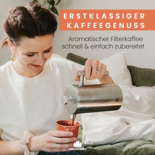 Groenenberg French Press I Hochwertige French Press Thermo mit Warmhalte-Funktion I Edelstahl Kaffeebereiter Kaffeepresse in 3 Größen bis 1… – Ansicht 2