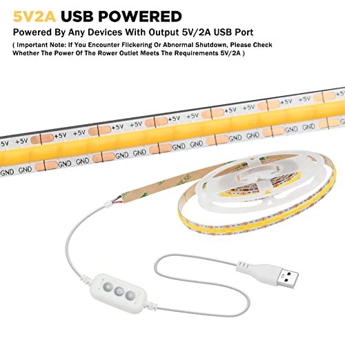 Image of USB COB LED Strip Lights 4.92ft /1.5m,5V 480LEDs 1200lm Dimmable COB LED Light Strip 3000K Warm White CRI90 USB TV Backlight,Flexible Under Cabinet Tape Light for Bedroom,Kitchen,Home DIY Lighting