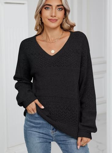 Image of JOCAFIYE Womens Sweaters Casual Long Sleeve V Neck Lightweight Hollow Out Pullover Sweater Tops