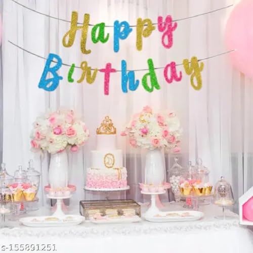 Image of Wanna Party Glitter Happy Birthday Banner - Sparkling Cursive Script Letters Paper Bunting Decorations, Cake Smash, Photo Props & Vibrant Celebration Supplies - Multicolored Sparkly Sign