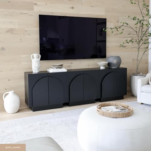 Image of Nathan James Iris Mid-Century Modern Credenza, Black Sideboard Buffet, Living Room Wood Storage Cabinet with Arched Cabinet Doors, Black Credenza Cabinet for Kitchen or Living Room, Black Oak
