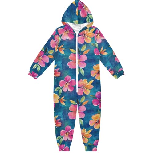 CHIFIGNO Mameluco unisex para niños y niñas, disfraz de Halloween, Navidad, cosplay, cómodo, sudadera con capucha para niños y niñas, Flores coloridas de acuarela, 9-11 años