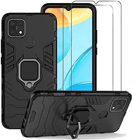 ZMONE for Oppo A15 / Oppo a15s Case with Glass Screen Protector [2 Pack] Heavy Duty Dual Layer Military Grade Shockproof Protective Cover with Magnetic Ring Kickstand - Black