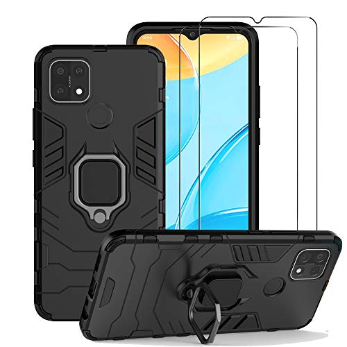 ZMONE for Oppo A15 / Oppo a15s Case with Glass Screen Protector [2 Pack] Heavy Duty Dual Layer Military Grade Shockproof Protective Cover with Magnetic Ring Kickstand - Black