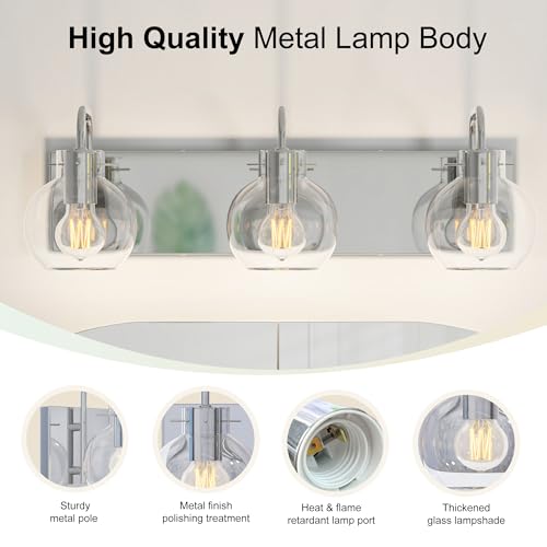 Image of 3-Light Bathroom Light Fixtures, Brushed Nickel Vanity Light, Modern Wall Lights with Clear Glass Shade, Bathroom Wall Lamp for Mirror Kitchen, Bedroom, Hallway,Living Room