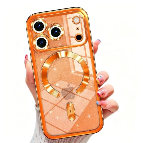Image of Misscase for iPhone 17 Pro Max Case with Privacy Screen Protector, Built-in Lens Protector, Compatible with MagSafe, Anti-Yellowing Shockproof TPU, Bling Glitter Electroplated Cover 6.9 inch Orange
