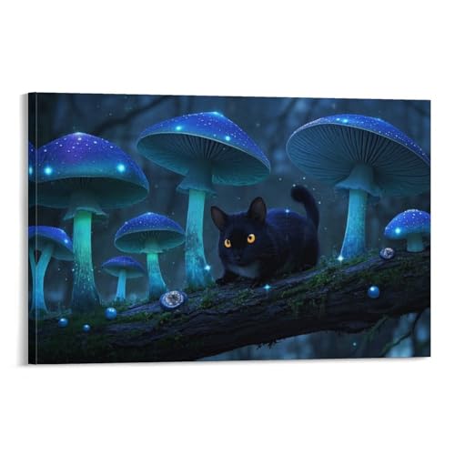 Tableau chat et champignons impression sur toile de ferme 40x60cm