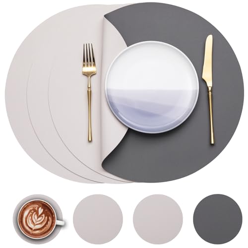 Myir JUN Tischsets 4er Set, Tischsets Abwaschbar Platzsets Rund Ø 38cm Platzdeckchen Rund Doppelseitigen rutschfest Platzsets Kunstleder Leder Tischset Lederoptik (Grau Beige, 4er Set)