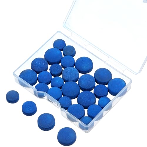 XLIUAX 32Pcs Cue Tips, 9/10/12/13mm Blue Leather Pool Stick Tips Snooker Cue Replacement Tip Billiard Tip with Storage Box for Pools Cues Snooker