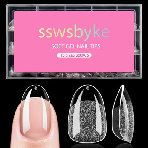 Short Almond Nail Tips, SSWSBYKE 300pcs 15 Sizes Gel Acrylic Nail Tips for Full Cover Pre-Shaped Fake Nails Tips Half Matte Press On Nails for Extension Home DIY Salon