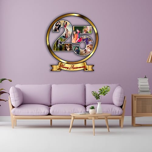 Image of Shri Kant Art 25th Anniversary Golden Photo Frame | Couple Photo Collage Frame | Romantic Wedding Anniversary | Decorative Wall Art
