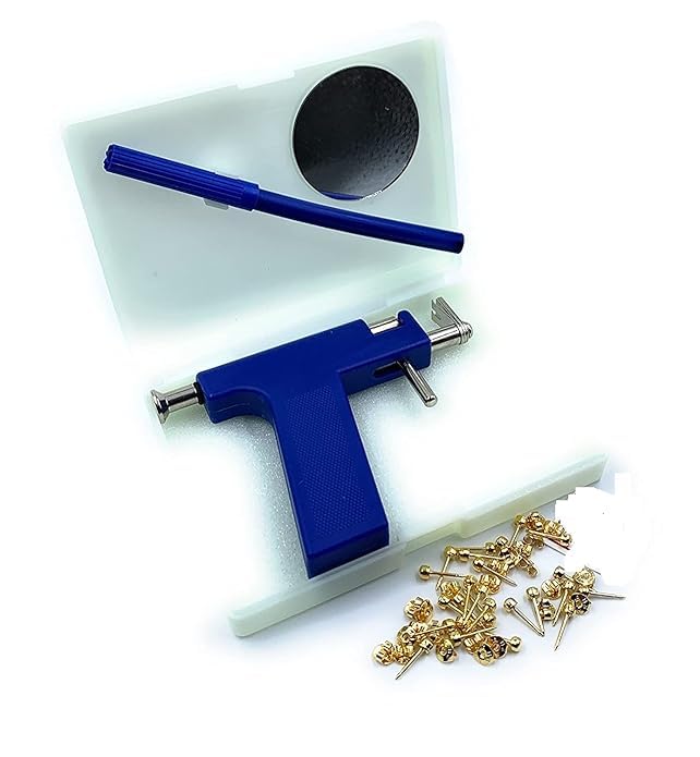 Image of Khayl | Professional Ear Piercing Tool Kit, with 24 pair Studs, Steel Construction, Blue, Body Piercing Gun with Safety Lock