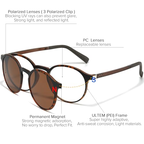 Retro Round Glasses Frame for Men Women With 3 in 1 Polarized Magnetic clip on Sunglasses Eyeglasses Optical Eyewear3